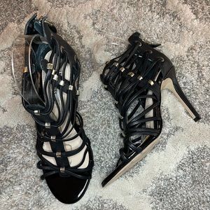 Guess Leday Strappy Open Toe Leather Sandals Heels Black Size 7